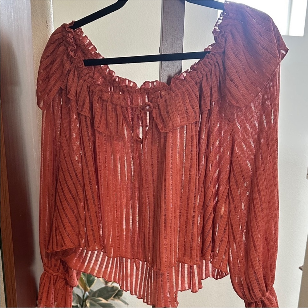 Anthro Rust Ruffle Off Shoulder Blouse | Sheer Boho Romantic Crop Top Flowy Top